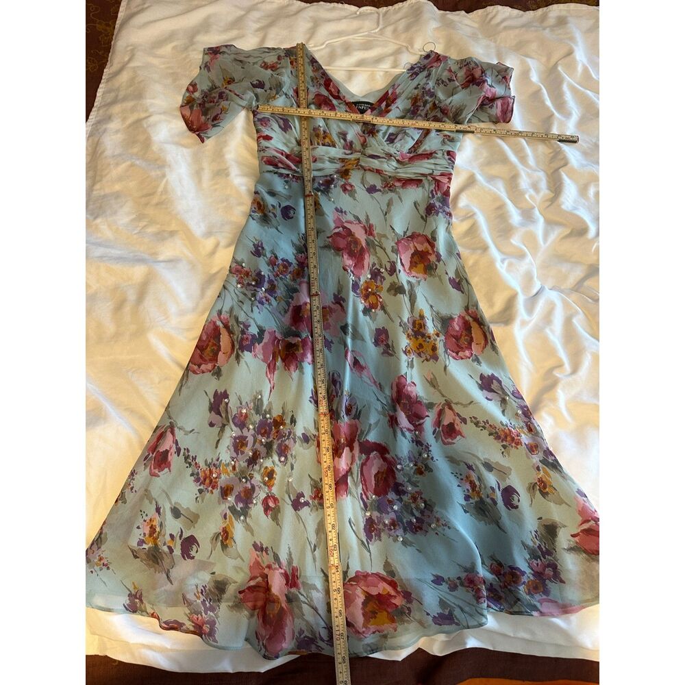 Adrianna Papell 100% Silk Floral Midi Dress Blue Flutter Sleeve Women's 8 - Picture 8 of 11